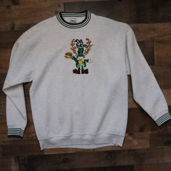 The Antlers XL Sweatshirt Embroidered Vampire Leprechaun Holding Cheeseburger - Picture 2 of 5